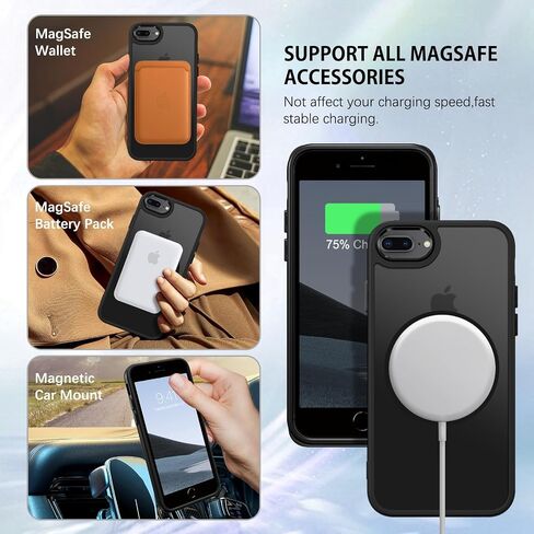 DUEDUE for iPhone 8 Plus Case, iPhone 7 Plus Case Magnetic[Compatible with Magsafe], Translucent Matte Back Protective Cover Anti-Scratch Shockproof Phone Case for iPhone 7 Plus/8 Plus, Black in Saudi Arabia