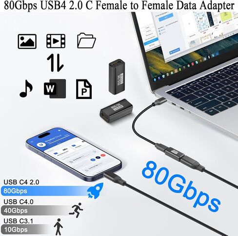Qianrenon USB4 2.0 النوع C محول بيانات الشحن السريع 80 جيجابت في الثانية USB C أنثى إلى موصل الوظائف الكاملة الإناث Coupler PD240W 48V 5A 8K@60Hz ، AL HOUSIC in Kuwait