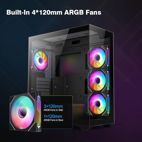 RUIX OV603 ATX MID-AROWE PC CASE ، حالة ألعاب فسيحة عالية الأطراف مع مراوح PWM ARGB 4 × 120 مم ، منافذ USB 3.0 و TYPE-C ، زجاج مقسى ، حالة كمبيوتر كبيرة السعة-أسود in Kuwait
