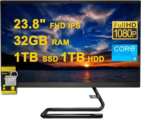 Lenovo IdeaCentre AIO 3 All-in-One Desktop 23.8" FHD IPS Anti-Glare Intel Quad-core i3-10100T 16GB RAM 512GB SSD + 1TB HDD Win10 w/ICP Accessory in Kuwait