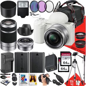 Sony ZV-E10 Mirrorless Camera (White) with Sony E PZ 16-50mm F/3.5-5.6 OSS Lens and Sony E 55-210mm f/4.5-6.3 OSS + 2PC 64 GB Memory + Spider Tripod + Case + Extra Battery + More (35pc Bundle)
