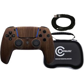 Custom Controllerzz Wood Controller Bundle – Includes Wood Custom Wireless Controller for PS5, PC & Braided USB-C Cable & Universal Protective Case