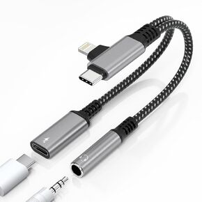 Lightning and USB C to 3.5mm Headphone Jack and Fast Charger Adapter,2 in 2 iPhone Aux Adapter,USB C to 3.5mm Jack Aux Dongle with PD 60W Fast Charging,for iPhone 16 15 14 13 Pro Max,Galaxy,iPad