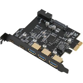 PCEI USB 3.0 Expansion Card, 5 Ports USB 3.0x3, Type Cx2 Hub 19 Pin Adapter Card, for 7, 8, 10 for Linux