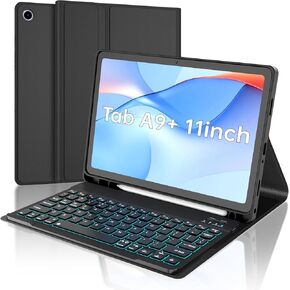 حالة لوحة مفاتيح الإضاءة الخلفية لـ Samsung Galaxy Tab A9 Plus/A9+ 11 '' (SM-X210/x216/x218) ، علبة Galaxy Tab A9 مع لوحة مفاتيح 7 ملونة ، حالة قرص مغناطيسي قابلة للفصل مع حامل القلم ، الأسود