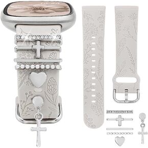فرقة محفورة الأزهار وحلقات الحلقة الزخرفية متوافقة مع Fitbit Versa 3/Versa 4/Sense/Sense 2 Bands Women ، Band Synglish Silicone Band with Bling Cute Stud Charms Strap