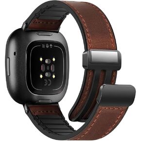 Magnetic Leather Bands Compatible with Fitbit Versa 4/Versa 3/Sense 2/Sense Women Men, Magnetic Clasp Wristband Accessory, Adjustable Soft Replacement Fitbit SmartWatch Strap-Dark Brown
