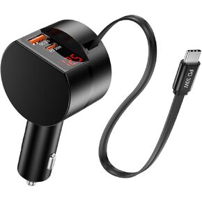 Retractable Car Phone Charger, 78W Fast Charging USB C Car Charger Adapter with Retractable Cable and 2 Charging Ports, Type C Cigarette Lighter Adapter for iPhone 16/15 Pro Max,iPad,Galaxy,Pixel