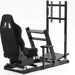 Hottoby F1 Racing Simulator Cockpit with Black Seat & Monitor Frame Fit for Logitech/Thrustmaster/Fanatec G25 G27 G29 G923 T80,Aluminum Profile Truck,No Handbrake,Pedals & Steering Wheel
