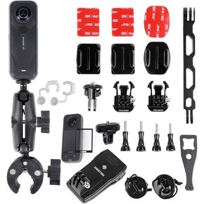 PellKing Bike Motorcycle Handlebar Mounting Bundle Kit for Insta360 X5/X4,Action 5 Pro/4/3, Included 360 Rotation Handlebar Mount,1/4" Adapter Helmet Adhesive Stick,Backpack Clip,Screen Protector