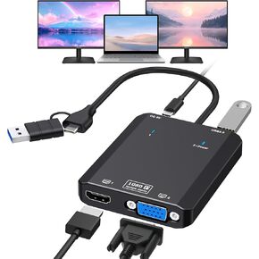 HDMI Splitter for Dual Monitors, 1080p@60Hz USB C to Dual HDMI Adapter with USB 3.0 Port for Extended Display of Laptop Monitor Desktop TV, Mac OS Windows Android