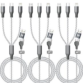 ShSiXin Multi Charging Cable,3 in 2 Charging Cable,3PACK 4FT USB A/C Multi Phone Charger Cables for Multiple Devices,USB C/Micro USB/Type C/IP Lightning for iPhone16-5/Pro/Plus/Cell Phones Tablet Pad