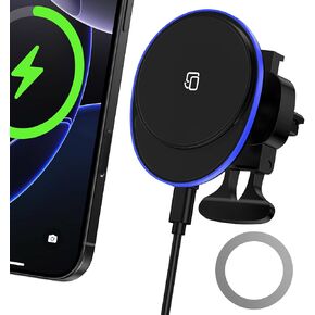 Magnetic Wireless Charger for iPhone Car Mount Charger Compatible with iPhone 16e/16/15/14/13/12 Pro Max/Plus, 15W Fast Charging MagSafe Auto Clamping Air Vent Phone Holder for Samsung Galaxy S25