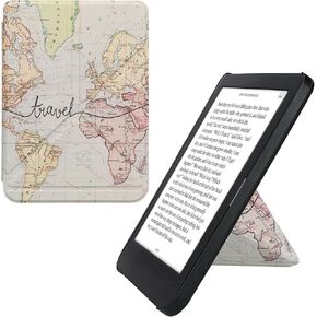 kwmobile Origami Case Compatible with Kobo Clara BW/Colour - Case Slim Premium PU Leather Cover with Stand - Magnolias Taupe/White/Dark Grey