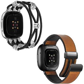 JR.DM Boho Beaded Bracelet and Dark Brown Magnetic Leather Bands Set Compatible with Fitbit Versa 4/Versa 3/Sense 2/Sense Band. Adjustable Feminine Designer Strap for Fitbit Smartwatch