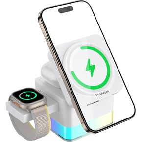 15W Magnetic Wireless Charging Station,XO 3-in-1 Wireless Charging Station with Night-Lamp for iPhone 16/15/14/13/12,Watch,Airpods,Fast Charge Multiple Devices