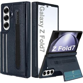 for Galaxy Z Fold 7 Wallet Case with S Pen Holder, Built-in Stable Kickstand & Spring Hinge Protection, 3 RFID Blocking Card Slot, Luxury Genuine Leather Case for Samsung Galaxy Z Fold7 (Black)