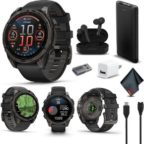 Garmin Fenix 8 47MM AMOLED Sapphire Premium Multisport GPS Smartwatch Carbon Gray DLC Titanium with Black Gray Silicone Band, Built-in LED Flashlight, Fitness & Health Smart Watch Bundle for Men