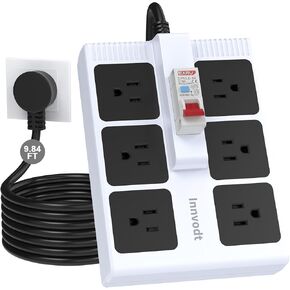 GFCI Power Strip Surge Protected Extension Cord, 9.84 FT Heavy Duty Extension Cable with Leakage Protection 6 Gang 1875W Plug for Workshop Garage or Outdoor Projects in Dry