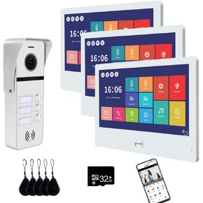 Wired Video Doorbell Apartment Intercom System 3 Units 10 Inches Touch Monitor Wireless WiFi 1080P Camera Phone Kit,Support Monitoring,Unlock for Home Villa (1 White doorbell+3 Black Monitor)