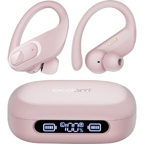 occiam Wireless Bluetooth Earbuds Sport Ear Buds Workout Headphones 96H Playback in-Ear Earphones with Earhooks Buit-in Mic Button Control Bass Stereo Headset for Gym Exercise Running Pink