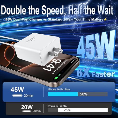 iPhone 16 15 Pro Charger Charger Fast Charging Block 45W USB C Dual Port I PORTH 15 16 PRO MAX ACRGER 10FT TYPE TYPE CALL FOR IPHON in Kuwait