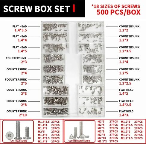 M1.2 M1.4 M2 Countersunk Flat Head Small Mini Screw Set Carbon Steel Computer Notebook Laptop Screws Kit Watch Back Cover Screw Glasses Frame Flat Head Head Screw (1 Box,S Set) in Kuwait