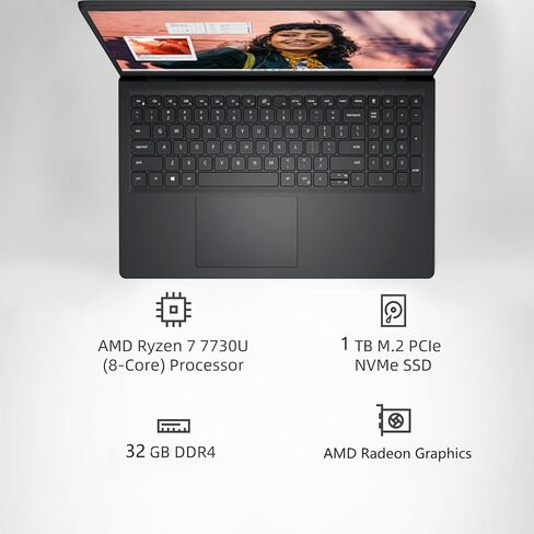 Dell Inspiron 15 3535 Touchscreen Laptop for Business, 15.6" FHD LED-Backlit Display, AMD Ryzen 7 7730U, 64 GB RAM, 2 TB SSD, AMD Radeon Graphics, Windows 11 Pro & Office Lifetime, w/Accessories in Saudi Arabia