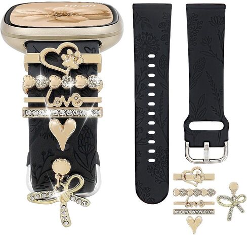 فرقة محفورة الأزهار وحلقات الحلقة الزخرفية متوافقة مع Fitbit Versa 3/Versa 4/Sense/Sense 2 Bands Women ، Band Synglish Silicone Band with Bling Cute Stud Charms Strap in Kuwait