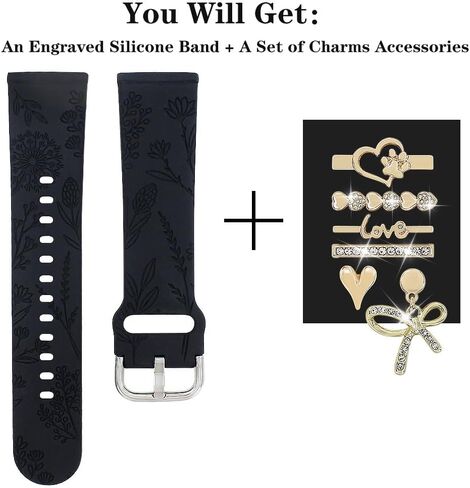 فرقة محفورة الأزهار وحلقات الحلقة الزخرفية متوافقة مع Fitbit Versa 3/Versa 4/Sense/Sense 2 Bands Women ، Band Synglish Silicone Band with Bling Cute Stud Charms Strap in Kuwait