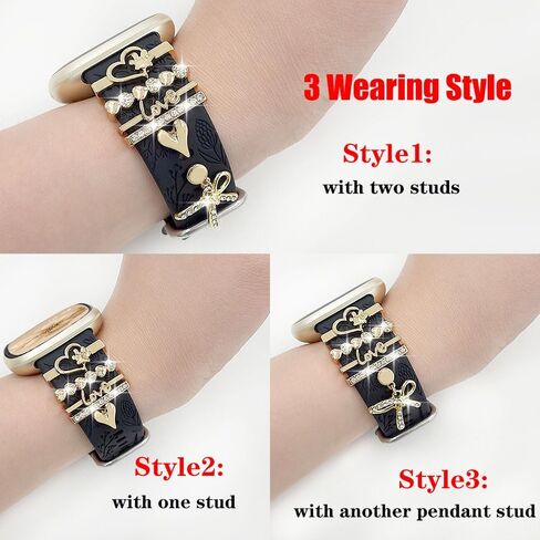 فرقة محفورة الأزهار وحلقات الحلقة الزخرفية متوافقة مع Fitbit Versa 3/Versa 4/Sense/Sense 2 Bands Women ، Band Synglish Silicone Band with Bling Cute Stud Charms Strap in Kuwait