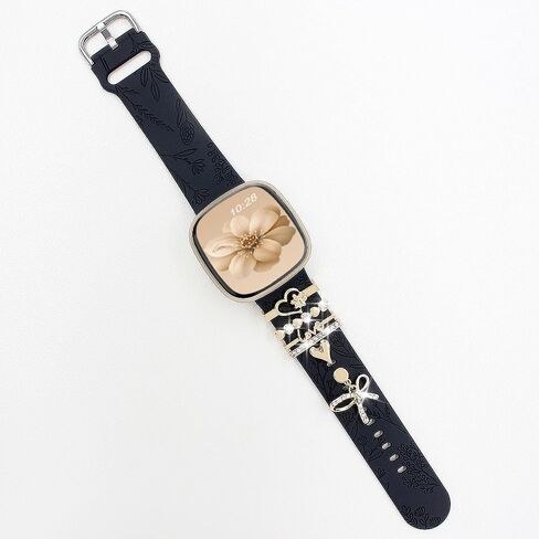 فرقة محفورة الأزهار وحلقات الحلقة الزخرفية متوافقة مع Fitbit Versa 3/Versa 4/Sense/Sense 2 Bands Women ، Band Synglish Silicone Band with Bling Cute Stud Charms Strap in Kuwait