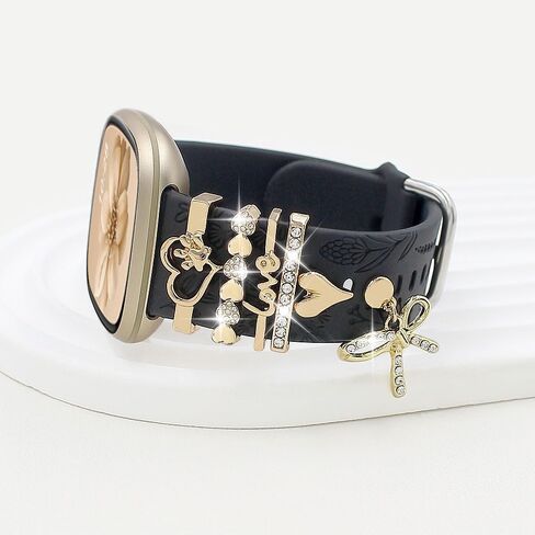 فرقة محفورة الأزهار وحلقات الحلقة الزخرفية متوافقة مع Fitbit Versa 3/Versa 4/Sense/Sense 2 Bands Women ، Band Synglish Silicone Band with Bling Cute Stud Charms Strap in Kuwait