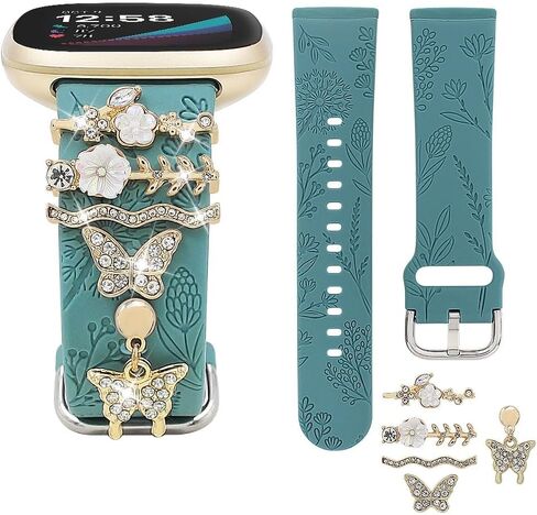 فرقة محفورة الأزهار وحلقات الحلقة الزخرفية متوافقة مع Fitbit Versa 3/Versa 4/Sense/Sense 2 Bands Women ، Band Synglish Silicone Band with Bling Cute Stud Charms Strap in Kuwait