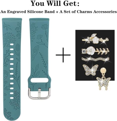 فرقة محفورة الأزهار وحلقات الحلقة الزخرفية متوافقة مع Fitbit Versa 3/Versa 4/Sense/Sense 2 Bands Women ، Band Synglish Silicone Band with Bling Cute Stud Charms Strap in Kuwait