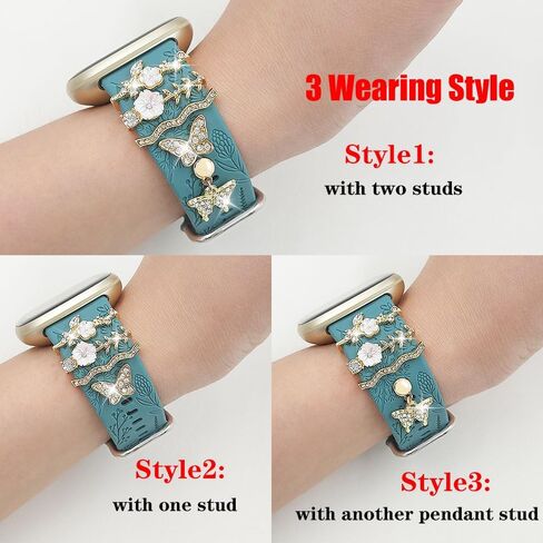 فرقة محفورة الأزهار وحلقات الحلقة الزخرفية متوافقة مع Fitbit Versa 3/Versa 4/Sense/Sense 2 Bands Women ، Band Synglish Silicone Band with Bling Cute Stud Charms Strap in Kuwait