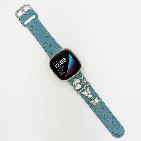 فرقة محفورة الأزهار وحلقات الحلقة الزخرفية متوافقة مع Fitbit Versa 3/Versa 4/Sense/Sense 2 Bands Women ، Band Synglish Silicone Band with Bling Cute Stud Charms Strap in Kuwait