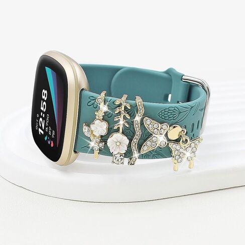 فرقة محفورة الأزهار وحلقات الحلقة الزخرفية متوافقة مع Fitbit Versa 3/Versa 4/Sense/Sense 2 Bands Women ، Band Synglish Silicone Band with Bling Cute Stud Charms Strap in Kuwait