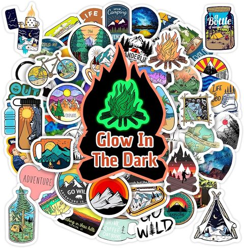 70 Pcs Glow in The Dark Adventure Hiking Camping Water Bottle Stickers, Waterproof Vinyl Wilderness Nature Travel Wildlife Laptop Decals, Summer Camp Sticker for Teens Adults Kids in Kuwait