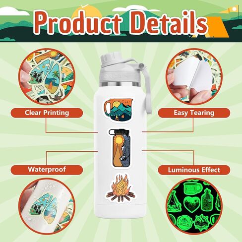 70 Pcs Glow in The Dark Adventure Hiking Camping Water Bottle Stickers, Waterproof Vinyl Wilderness Nature Travel Wildlife Laptop Decals, Summer Camp Sticker for Teens Adults Kids in Kuwait