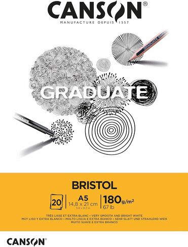 CANSON Graduate Bristol 180gsm A3 Paper, Very Smooth, Pad Glued Short Side, 20 Bright White Sheets, Ideal for Student Artists in Saudi Arabia