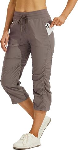 Willit Women's Woven Capris Hiking Travel Pants Striped Workout Drawstring Pants with Pockets Lightweight Quick Dry Shale XL in Saudi Arabia