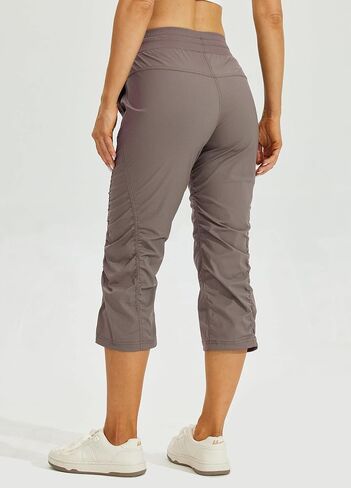 Willit Women's Woven Capris Hiking Travel Pants Striped Workout Drawstring Pants with Pockets Lightweight Quick Dry Shale XL in Saudi Arabia