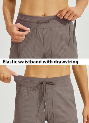 Willit Women's Woven Capris Hiking Travel Pants Striped Workout Drawstring Pants with Pockets Lightweight Quick Dry Shale XL in Saudi Arabia