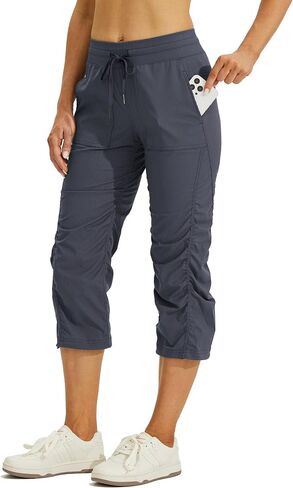 Willit Women's Woven Capris Hiking Travel Pants Striped Workout Drawstring Pants with Pockets Lightweight Quick Dry Shale XL in Saudi Arabia