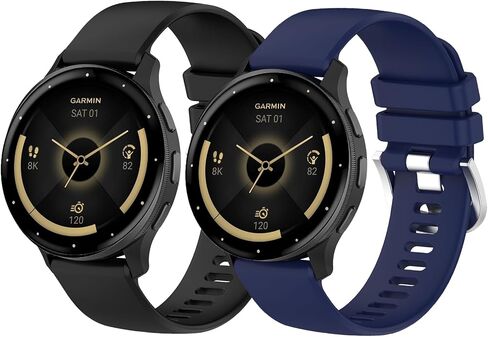 2 Pack Waterproof Bands Compatible with Garmin Venu 3S / Garmin Venu 2S / Garmin Vivoactive 4S / Garmin forerunner 265S, 18mm Classic Soft Sports Replacement Wristbands in Kuwait