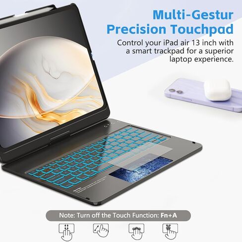 FUWANG Touch Keyboard Case for iPad Air 13 inch (M3 2025/M2 2024)and iPad Pro 12.9 6th 5th 4th 3rd Gen, 360° Rotate 7 Colors Backlit for iPad Air 13 inch Case Keyboard with Multi-Touch Trackpad, Black in Kuwait