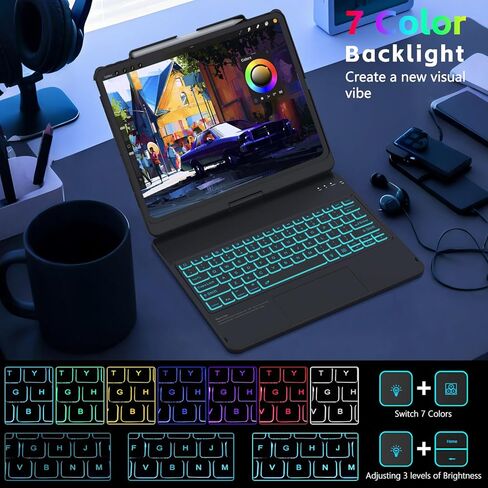 FUWANG Touch Keyboard Case for iPad Air 13 inch (M3 2025/M2 2024)and iPad Pro 12.9 6th 5th 4th 3rd Gen, 360° Rotate 7 Colors Backlit for iPad Air 13 inch Case Keyboard with Multi-Touch Trackpad, Black in Kuwait