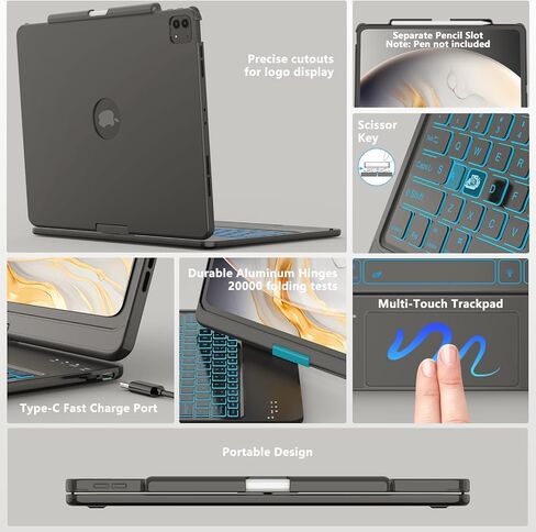 FUWANG Touch Keyboard Case for iPad Air 13 inch (M3 2025/M2 2024)and iPad Pro 12.9 6th 5th 4th 3rd Gen, 360° Rotate 7 Colors Backlit for iPad Air 13 inch Case Keyboard with Multi-Touch Trackpad, Black in Kuwait