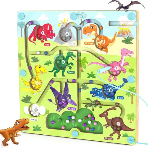 Magnetic Color and Number Maze,Dinosaurs Montessori Toys for 3+ Year Old Boys Girls, Fine Motor Skills Wooden Puzzles Board Games, Preschool Educational Learning Toys for Activities for Toddlers Kids in Kuwait